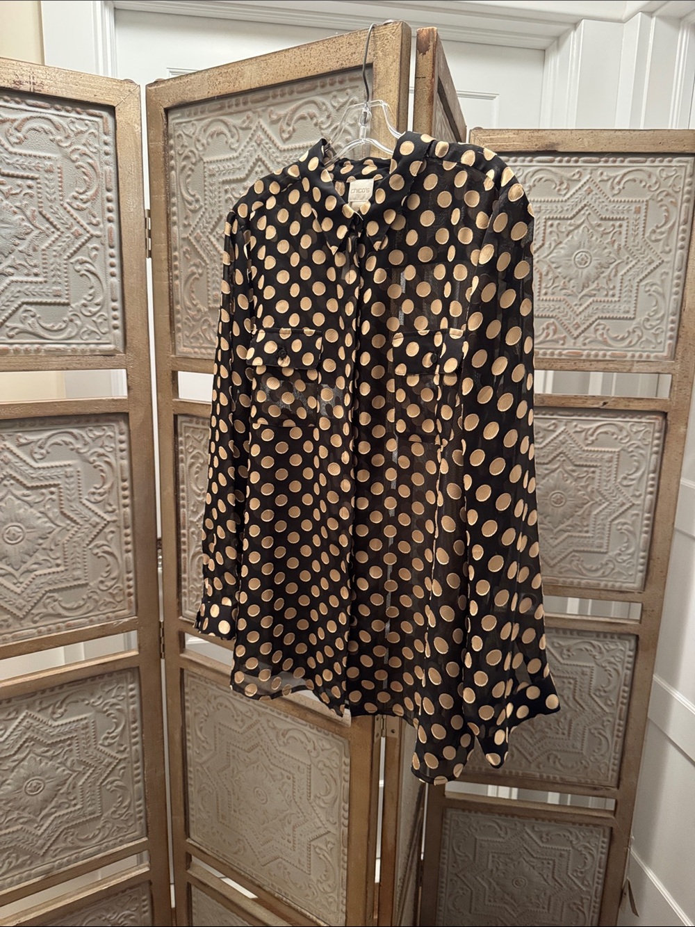 Chico's Black Blouse with Gold Polka Dots